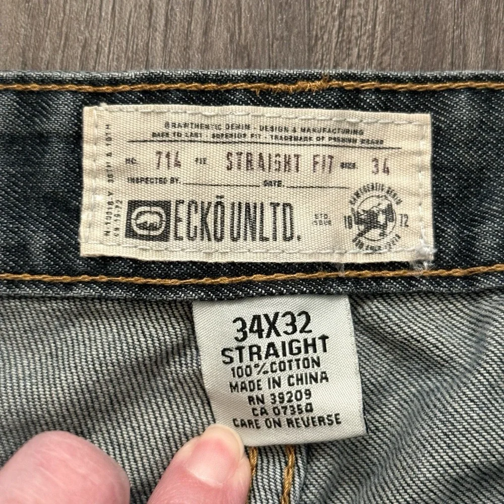 Ecko Unltd Jeans 714 Straight Fit Mens 34z32 Faded Black Whiskered - Picture 6 of 8